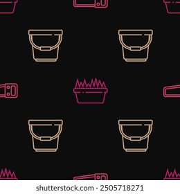 Set line Hand saw, Bucket and Fresh grass in rectangular on seamless pattern. Vector