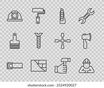 Sierra de mano, constructor, cuchillo de papelería, ladrillos, casco de seguridad del trabajador, tornillo metálico, martillo y icono de hacha de madera. Vector