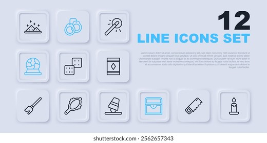 Set line Hand saw, Burning candle, Game dice, Antique treasure chest, Magic ball, hand mirror, Handcuffs and thimbles icon. Vector
