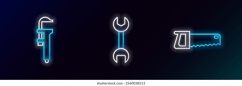 Set line Hand saw, Calliper or caliper scale and Wrench spanner icon. Glowing neon. Vector