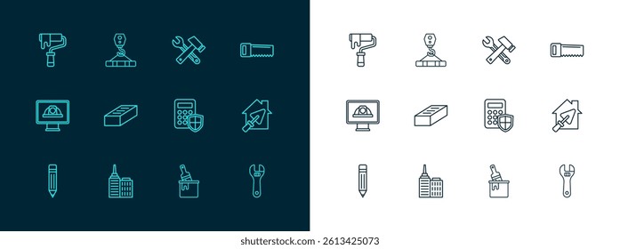Set line Hand saw, City landscape, Security keypad access panel, Paint bucket with brush, Brick, Hammer wrench spanner, roller and Crane hook icon. Vector