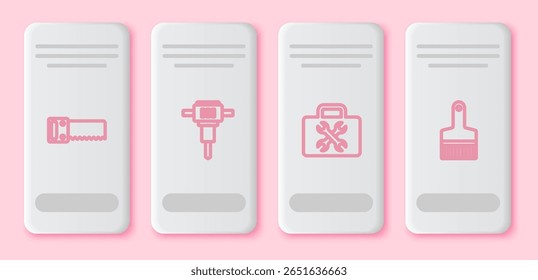 Set line Sierra de mano, martillo neumático de construcción, caja de herramientas y pincel de pintura. Botón rectángulo blanco. Vector