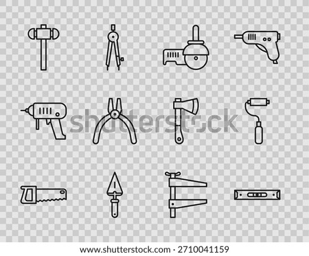 Set line Hand saw, Construction bubble level, Angle grinder, Trowel, Sledgehammer, Pliers tool, Clamp and Paint roller brush icon. Vector
