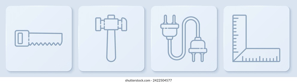 Set line Hand saw, Electric plug, Hammer and Corner ruler. White square button. Vector
