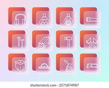 Set line Hand saw, Electric circular, Hammer, Wooden axe in stump, beam, Grapple crane grabbed log, Headphones and  icon. Vector