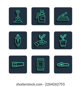 Set line Hand saw, Fertilizer bag, Chainsaw, Garden hose or fire hose, Plant hand of environmental, Corn, Shovel the ground and pot icon. Vector