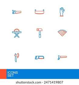 Set line Hand saw, Hacksaw, Wooden axe, beam, Electric circular, Hammer, Protective gloves and Two-handed icon. Vector