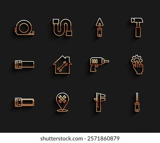 Set line Hand saw, Location with wrench, Roulette construction, Calliper or caliper scale, Screwdriver, House repair, Settings in the hand and Electric drill machine icon. Vector