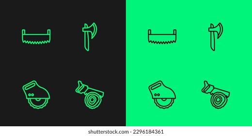 Set line Hand saw and log, Electric circular, Two-handed and Wooden axe icon. Vector