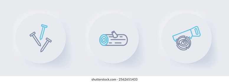 Set line Hand saw and log, Wooden logs and Metallic nails icon. Vector