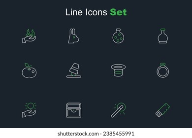 Set line Hand saw, Magic wand, Antique treasure chest, Ball levitating above hand, stone ring, hat, Game thimbles and Poison apple icon. Vector