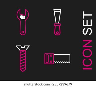 Set line Hand saw, Metallic screw, Putty knife and Adjustable wrench icon. Vector