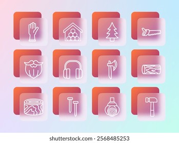 Set line Hand saw, Metallic nails, Wooden axe, Grapple crane grabbed log, Headphones, Tree, Protective gloves and logs icon. Vector