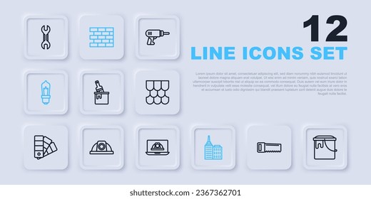 Set line Hand saw, Paint bucket, with brush, City landscape, Light bulb, Worker safety helmet, Bricks and  icon. Vector