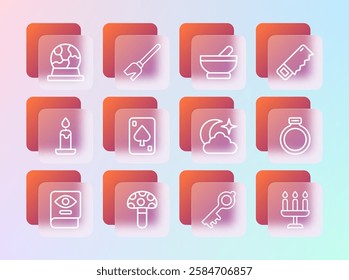 Set line Hand saw, Psilocybin mushroom, Moon stars, Old magic key, Playing cards, Witch cauldron, Magic ball and Witches broom icon. Vector