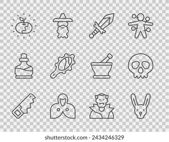 Set line Hand saw, Rabbit with ears, Medieval sword, Mantle, cloak, cape, Poison apple, Magic hand mirror, Vampire and Skull icon. Vector