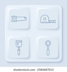 Set line Hand saw, Roulette construction, Putty knife and Wrench spanner. White square button. Vector