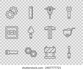 Set line Hand saw, Screwdriver, Electric rotary hammer drill, Hexagonal metal nut, Gear, Trowel, Road barrier and Shovel icon. Vector