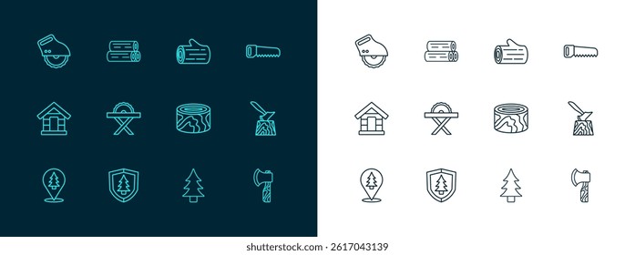 Set line Hand saw, Shield with tree, Wooden logs, Tree, Electric circular,  and  icon. Vector