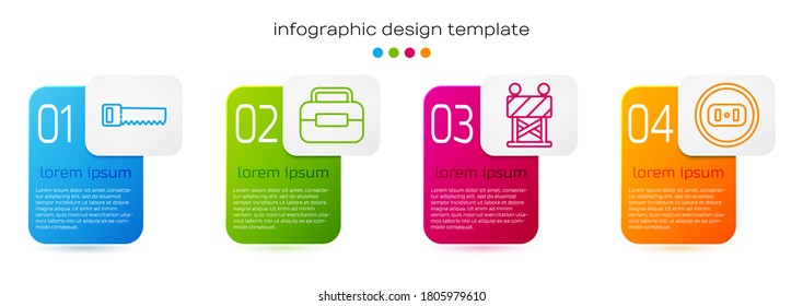 Set Line Hand Saw, Toolbox, Road Barrier And Electrical Outlet. Business Infographic Template. Vector