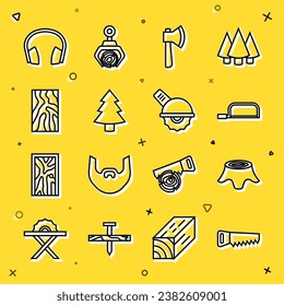 Set line Hand saw, Tree stump, Hacksaw, Wooden axe, Christmas tree, beam, Headphones and Electric circular icon. Vector
