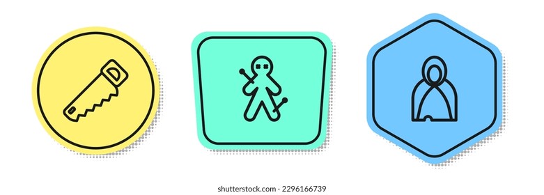 Set line Hand saw, Voodoo doll and Mantle, cloak, cape. Colored shapes. Vector