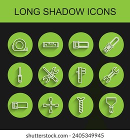 Set line Hand saw, Wheel wrench, Roulette construction, Metallic screw, Putty knife, Screwdriver, Wrench spanner and Calliper or caliper scale icon. Vector