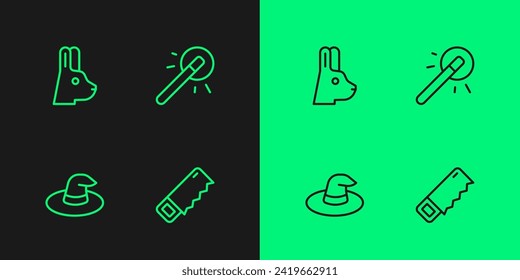 Set line Hand saw, Witch hat, Rabbit with ears and Magic wand icon. Vector