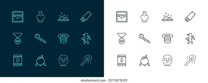 Set line Hand saw, Witch cauldron, Magic hat, Skull, staff, powder, Antique treasure chest and Bottle with love potion icon. Vector