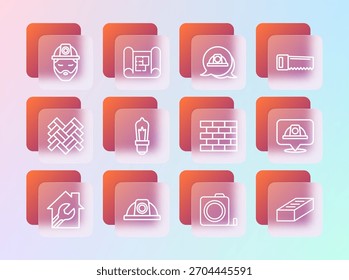 Set line Hand saw, Worker safety helmet, Bricks, Roulette construction, Light bulb, Builder and House plan icon. Vector