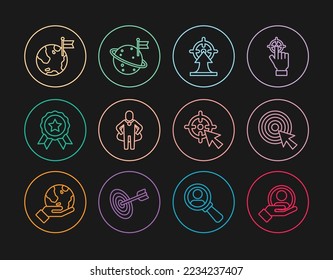 Set line Hand for search a people, Target with arrow, Head hunting, Medal, Planet flag,  and Moon icon. Vector