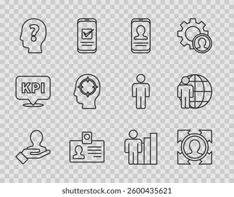 Set line Hand for search a people, Head hunting, Mobile with resume, Identification badge, question mark, Productive human and  icon. Vector