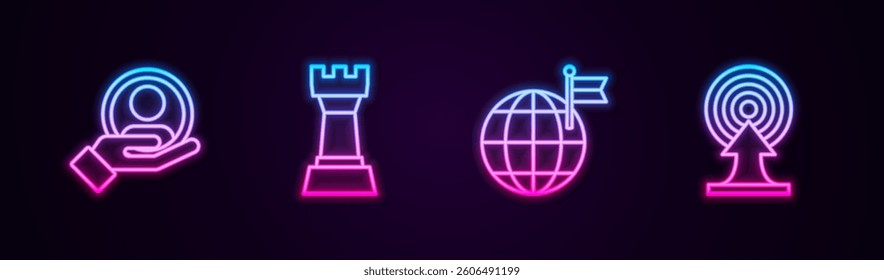 Set line Hand for search a people, Chess, Planet with flag and Target arrow. Glowing neon icon. Vector
