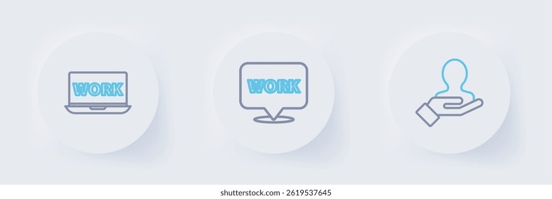 Set line Hand for search a people, Location with text work and Laptop icon. Vector