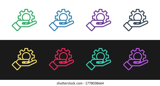 Set line Hand settings gear icon isolated on black and white background. Adjusting, service, maintenance, repair, fixing. Vector Illustration