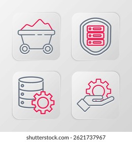 Set line Hand settings gear, Server, with shield and Coal mine trolley icon. Vector