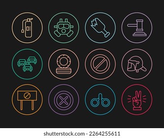 Set line Hand showing two finger, Police helmet, Broken bottle as weapon, Lying burning tires, Traffic jam, Fire extinguisher, Ban and Gas mask icon. Vector