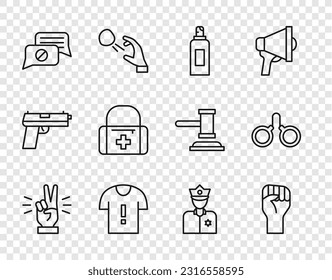 Set line Hand showing two finger, Raised hand with clenched fist, Paint spray can, T-shirt protest, Speech bubble chat, First aid kit, Police officer and Handcuffs icon. Vector