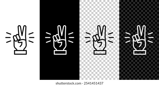Set line Hand showing two finger icon isolated on black and white background. Victory hand sign.  Vector