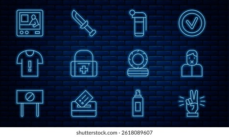 Set line Hand showing two finger, Censor freedom of speech, grenade, First aid kit, T-shirt protest, Television report, Lying burning tires and Military knife icon. Vector