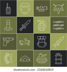 Fijar la línea Granada de humo de la mano, lanzacohetes, alambre de púas, visión óptica del francotirador, Espada, Walkie talkie e icono. Vector