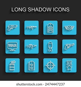 Set line Hand smoke grenade, Military rank, Pistol or gun, Target sport, reward medal, M16A1 rifle,  and Rocket launcher icon. Vector