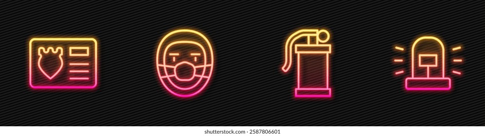Set line Hand smoke grenade, Police badge with id case, Doctor pathologist and Flasher siren. Glowing neon icon. Vector