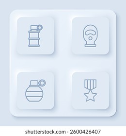 Set line Hand smoke grenade, Balaclava,  and Military reward medal. White square button. Vector