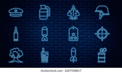 Set line Hand smoke grenade, Target sport, Jet fighter, Rocket launcher, Bullet, Military beret, rank and icon. Vector