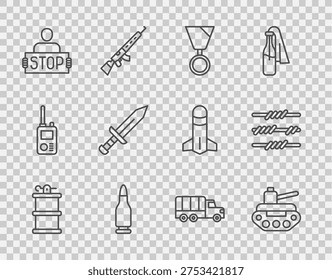 Set line Hand smoke grenade, Military tank, reward medal, Bullet, Stop, Sword, truck and Barbed wire icon. Vector