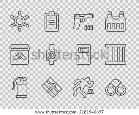 Set line Hand smoke grenade, Handcuffs, Pistol or gun, Stacks paper money cash, Hexagram sheriff, Human target sport for shooting, Crime scene and Prison window icon. Vector