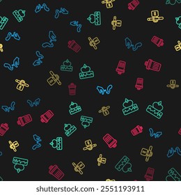 Set line Hand with smoking cigarette, Heartbeat increase, No and Trash can on seamless pattern. Vector