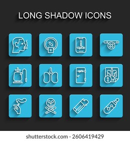 Set line Hand with smoking cigarette, Bones skull, Man, Lighter, Electronic, Lungs, Disease lungs and No area icon. Vector