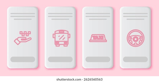 Set line Hand with taxi, Bus, Taxi car roof and Steering wheel. White rectangle button. Vector